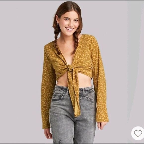 2/$30 Wild Fable Bell Long Sleeve Tie-Front Blouse Mustard Yellow Floral - Picture 2 of 11